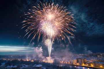 Naklejka premium Golden volleys fireworks for Christmas and New Year in winter over a snowy city with multi-storey buildings, a panorama In the mountains.