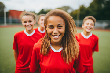 Obraz premium Cheerful High School Girls in Red Soccer Uniforms