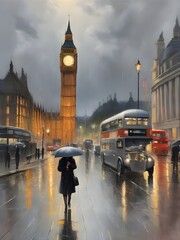 Oil painting of the streets of London in the rain with Big Ben in the background. Generative AI