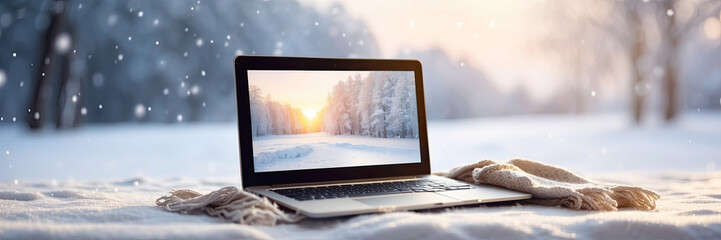 Laptop with with winter landscape wallpaper in outdoor in the snow with a cozy blanket in a snowfall. Seasonal remote work, internet, shopping, Christmas and New Year, banner