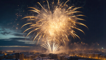 Golden volleys fireworks for Christmas and New Year in winter over a snowy city with multi-storey buildings, a panorama In the mountains.