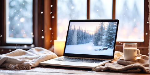 Laptop with a winter landscape screen, indoor on the table with a cozy blanket by the window with snow. Seasonal remote work, internet, shopping, Christmas and New Year.