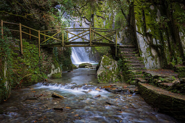 Fraga da Pena Waterfall trail in Serra do Açor mountain, Pardieiros, Arganil, Coimbra, Portugal.