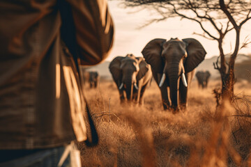 Man traveler taking photo of elephants at African savannah. Professional wildlife photographer
