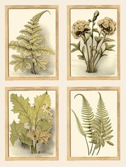 Vintage Botanical Prints: Elegant Ferns, Flowers, and Fungi in Soft Olive Greens and Rustic Browns