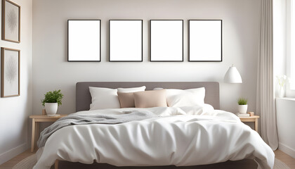 Fototapeta premium interior of bedroom with bed. mockup frames