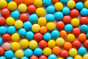 Obraz premium Background with Colored Candies - Blue, Green, Orange, Yellow, Red Balls - Sweet Confections Display - Created with Generative AI Tools