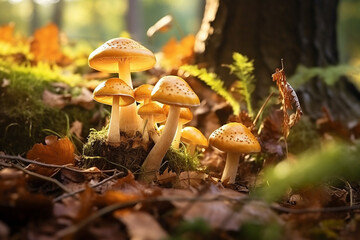 Beautiful Closeup of Forest Mushrooms in Grass - Autumn Season Fungi Photography - Little Fresh Mushrooms Growing in Autumn Forest - Created with Generative AI Tools