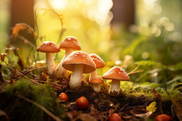 Beautiful Closeup of Forest Mushrooms in Grass - Autumn Season Fungi Photography - Little Fresh Mushrooms Growing in Autumn Forest - Created with Generative AI Tools