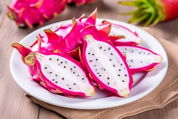 Fototapeta na wymiar Dragon Fruit Slice on White Plate with Pitahaya Background - Exotic Tropical Delight - Created with Generative AI Tools