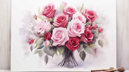 water color of painting of a bouquet of pink and red roses leaning on a wall with brushes on floor