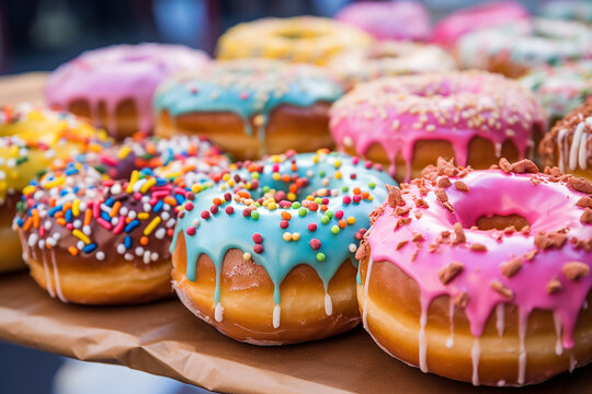Donuts of Different Flavors and Colors in a Street Market in Budapest - Sweet Delights in the Hungarian Capital - Created with Generative AI Tools