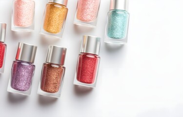 colorful makeup nailpolish with shimmer on white wooden table soft light for beauty card decor