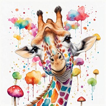 Smiling giraffe in colorful colors on a white background