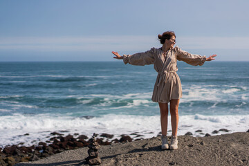 A girl walks on the ocean 