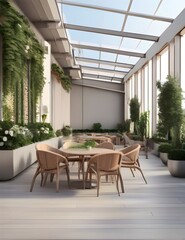 Rooftop interior with plants, chairs, and tables in the background