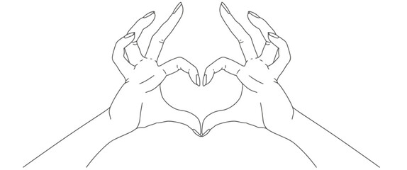 Line art drawing. Abstract hands woman and man holding heart. Vector illustration