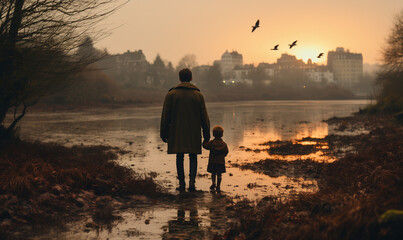 silhouette of a father and child on the beach at sunset in wintertime, dad and son from the back holding hands and looking at the city near the water, sad father and son at sunrise - obrazy, fototapety, plakaty