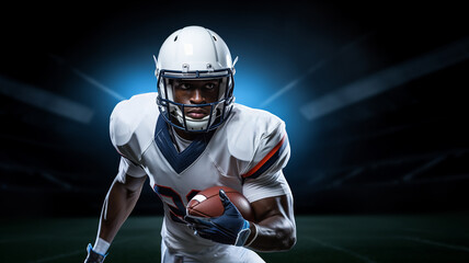 An American football player in a white uniform and helmet with a ball in his left hand. Stadium and...