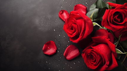Romantic Elegance: Dew-Kissed Red Roses on a Black Background