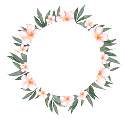 Fototapeta na wymiar Watercolor round frame with plumeria. Summer background for design and invitations with flowers and tropical leaves.