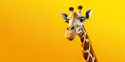 Obraz premium A cartoon giraffe character with a long neck, playfully pointing to the left, on a vibrant yellow background