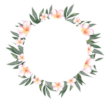 Watercolor round frame with plumeria. Summer background for design and invitations with flowers and tropical leaves.