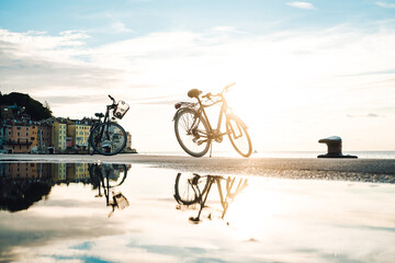 Two bicycles stand still on the sandy shore, their wheels ready to take on the wild blue sky and shimmering waters, a symbol of freedom and adventure in the great outdoors
