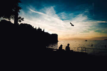 A serene evening by the lake, as silhouettes gather on the dock beneath a colorful sky while a lone bird soars above, amidst the backdrop of a dreamy tree-lined landscape