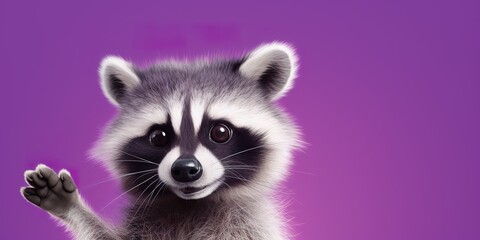 Obraz premium A cartoon raccoon character with bright, curious eyes, pointing sideways, on a pastel violet studio backdrop
