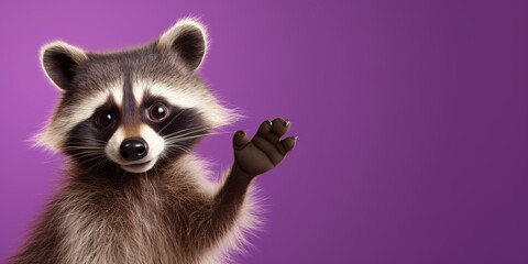 A cartoon raccoon character with bright, curious eyes, pointing sideways, on a pastel violet studio backdrop - obrazy, fototapety, plakaty