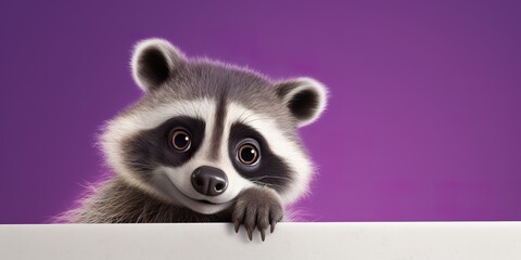 A cartoon raccoon character with bright, curious eyes, pointing sideways, on a pastel violet studio backdrop