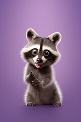 Obraz premium A cartoon raccoon character with bright, curious eyes, pointing sideways, on a pastel violet studio backdrop