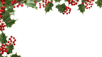 an elaborate holly garland border with a central open space, composed of dense green leaves and clusters of red berries against a transparent background. event invitations, digital banners
