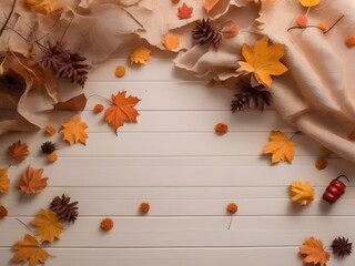 Naklejka na ściany i meble Colorful autumn leaves corner border over a dark wood banner background. Happy fall autumn halloween holiday thanksgiving background