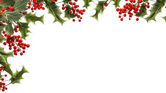a sprawling holly decoration, extending from the center to the edges with a transparent background, ideal for framing or corner accents on holiday-themed content, dark green leaves, red berries