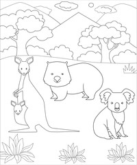 Australian Animal in the forest  colouring page for kids 