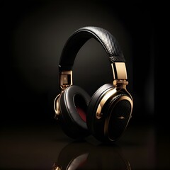 Luxury style headphones in black and gold on a dark background as an advertisement for equipment of expensive and prestigious brands: music, style, conciseness, minimalism, generational aesthetics 