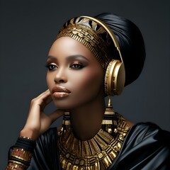 Portrait of an African-American woman in studio style for high-end fashion brands in dark, navy, black and gold colors: Traditional African fashion with a modern twist. Ready-to-wear, haute couture