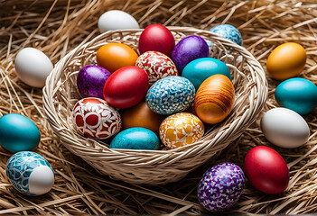 Fototapeta na wymiar Colorful and pretty Easter eggs in the basket. Generative AI