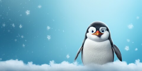 Obraz premium A chubby penguin character waddling happily, with a colorful scarf, against an icy blue studio backdrop