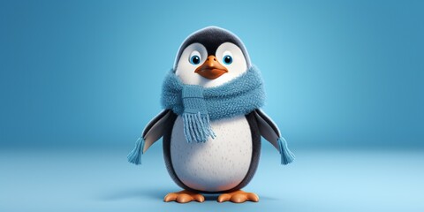 A chubby penguin character waddling happily, with a colorful scarf, against an icy blue studio backdrop