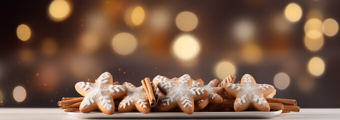 A plate of gingerbread cookies and cinnamon sticks against a Christmas background in bokeh style. Horizontal Christmas composition. Cookies at home on a plate standing on the table.