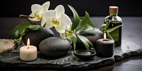 Obraz na płótnie Canvas Spa Indulgence - Tranquil Table Setting with Massage Stones, Oils, and Sea Salt - Beauty Oasis & Wellness Haven