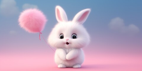 Obraz premium A fluffy bunny character holding a heart-shaped balloon, against a soft pink background, radiating affection
