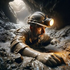 Struggling Miner's CloseUp Realistic Nighttime Capture in Coal Mine
 - obrazy, fototapety, plakaty