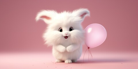 Fototapeta premium A fluffy bunny character holding a heart-shaped balloon, against a soft pink background, radiating affection