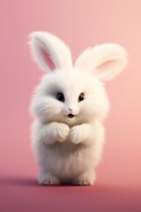 A fluffy bunny character holding a heart-shaped balloon, against a soft pink background, radiating affection
