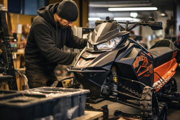 A mechanic servicing a snowmobile in a subzero workshop  - obrazy, fototapety, plakaty