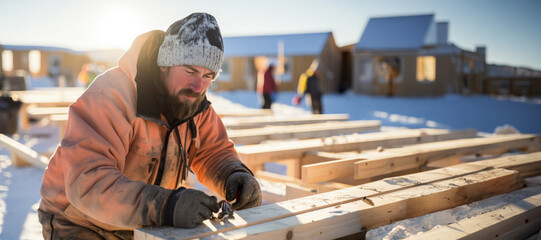 A construction worker assembling a prefabricated house in an Arctic settlement  - obrazy, fototapety, plakaty